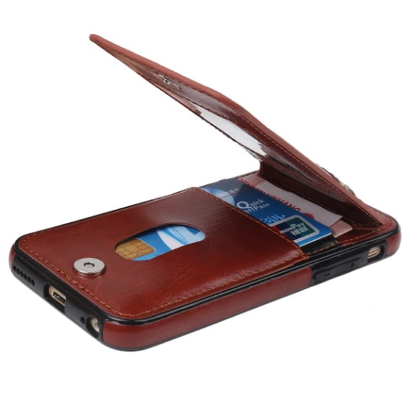 iPhone 8 Plus Exklusivt Smart Robust Läderskal Plånbok/Kortfack Rosaröd