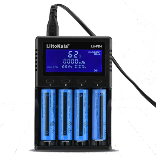 LiitoKala Lii-PD4 18650 26650 4-spors batteri Rask lading Svart Svart