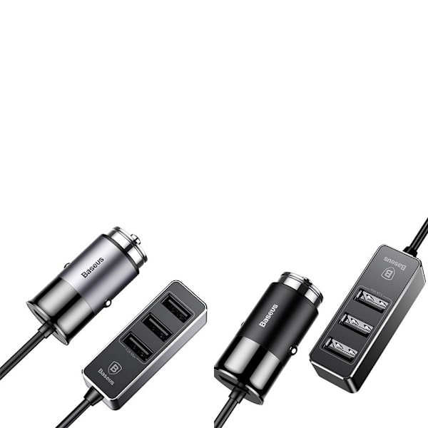 Baseus Kraftfulla Praktiskt 3-USB Port Billaddare Grå