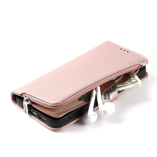 Elegant plånboksfodral i mikrofiberläder med dragkedja - iPhone Svart