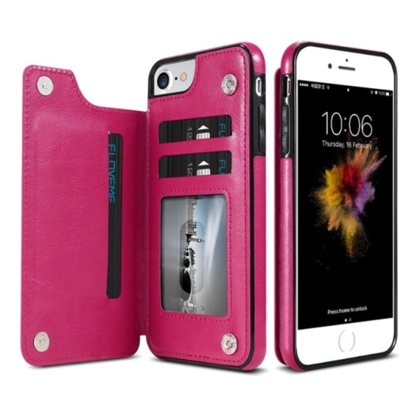 iPhone 6/6S Plus - NKOBEE Läderskal med Plånbok/Kortfack Röd