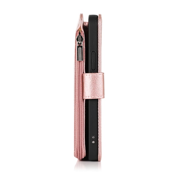 Elegant plånboksfodral i mikrofiberläder med dragkedja - iPhone 15 Pro Pink gold