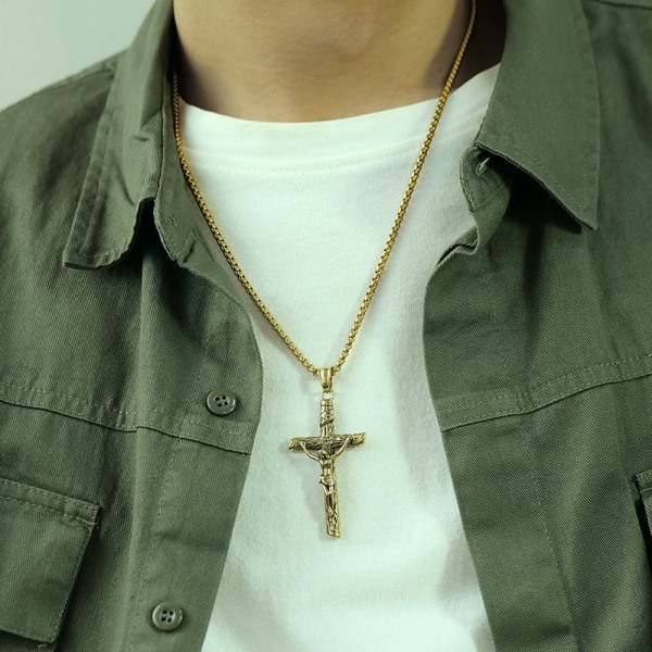 Eksklusivt halskjede i rustfritt stål Cross Jesus Guld