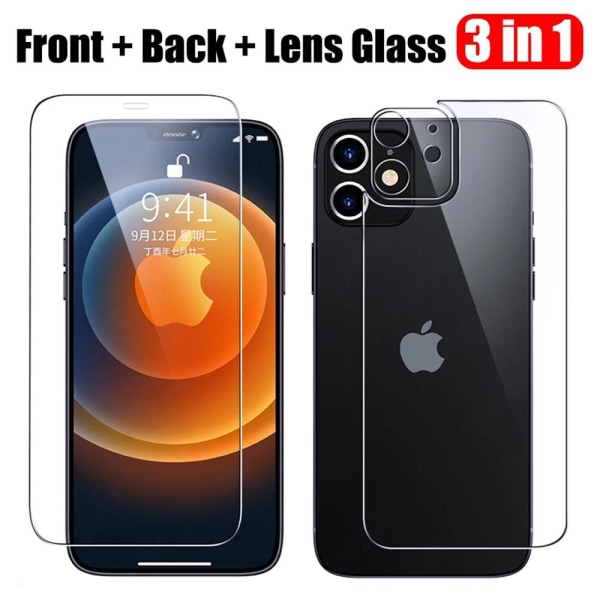 2-PACK 3-in-1 iPhone 12 Mini edessä ja takana + kameran linssin suojus Transparent/Genomskinlig