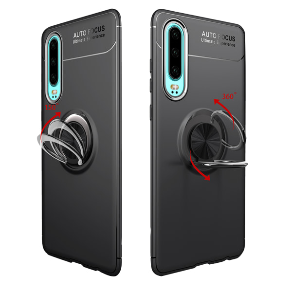 Huawei P30 - Stilfuldt beskyttelsescover med ringholder (AUTO FOCUS) Svart/Blå