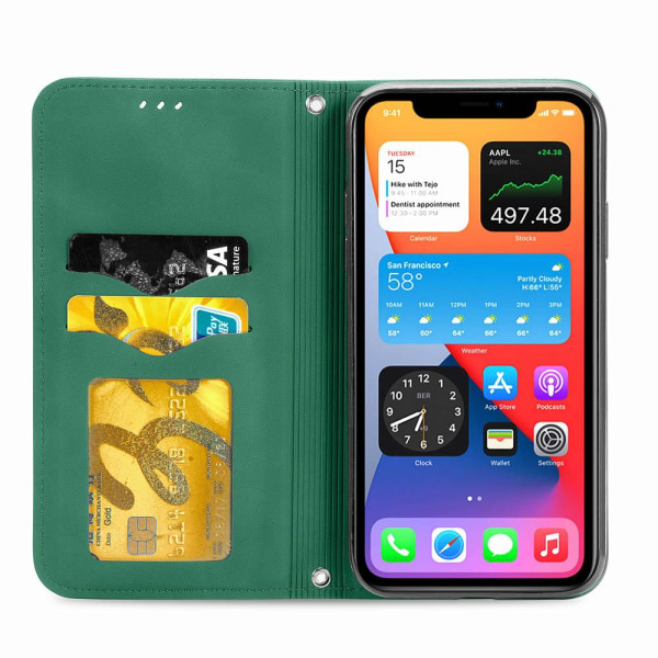 iPhone 12 - Stilrent Effektfullt Plånboksfodral (FLOVEME) Mörkgrön