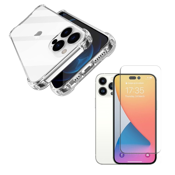 iPhone 14 Pro Max 1 Set Stötdämpande Silikonskal med Skärmskydd Genomskinlig