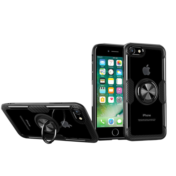 iPhone 7 - Tyylikäs suojakuori sormustelineellä (LEMAN) Marinblå/Silver