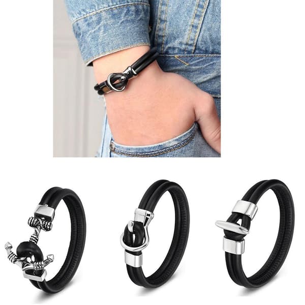 Stilsäkert Äkta Läder Rostfritt Stål Armband Type-B