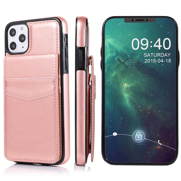 Elegant Smart Skal med Korthållare Leman - iPhone 11 Pro Max Rosaröd