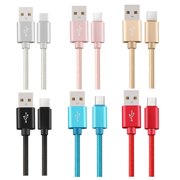 USB-C/Type-C Snabbladdningskabel (Slitstark/Metallhuvuden) Svart