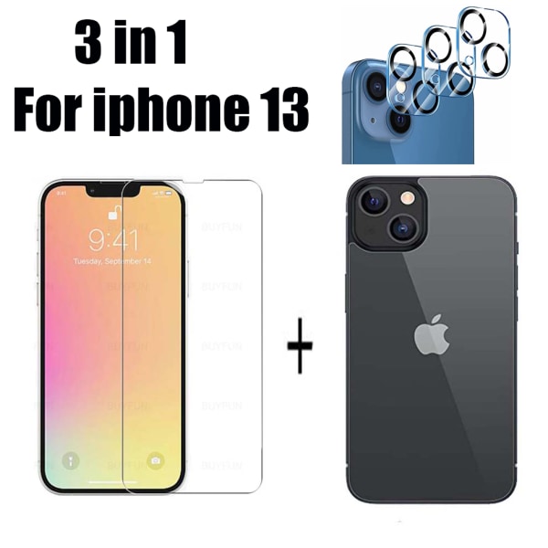 2-PAKK 3-i-1 iPhone 13 foran og bak + kameralinsedeksel Transparent