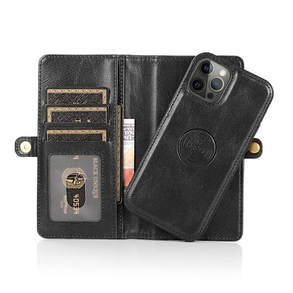 iPhone 15 Pro - Elegant Plånboksfodral i Lyxigt Läder med Korthållare Svart