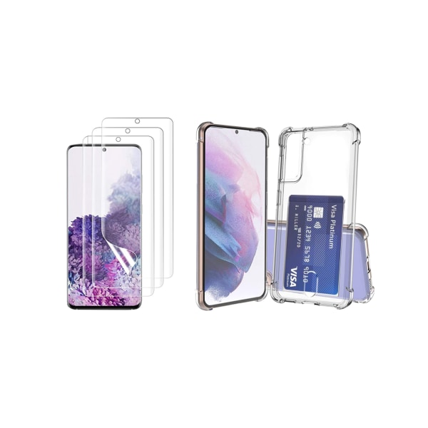 Samsung Galaxy S21 1 Set Skal med Korthållare & Mjukt Skärmskydd Transparent