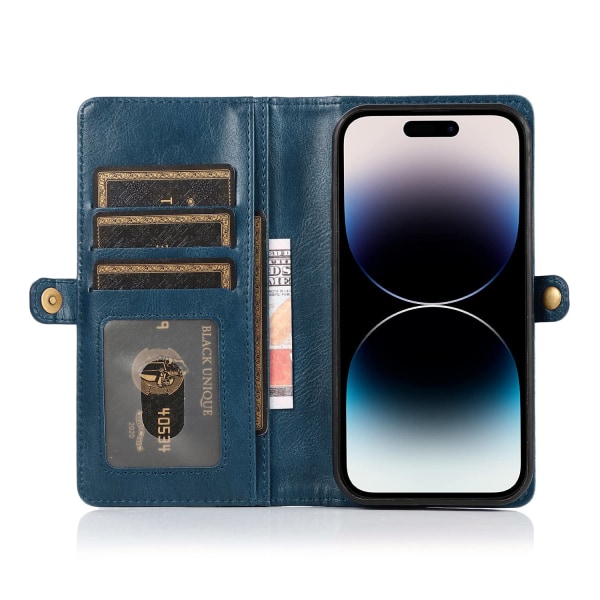 Elegant plånboksfodral i läder för iPhone 15 Pro Max Marinblå