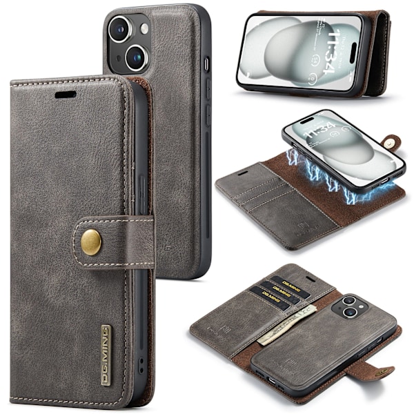 iPhone 14 - Elegant Plånboksfodral med Avtagbart Skal Grå