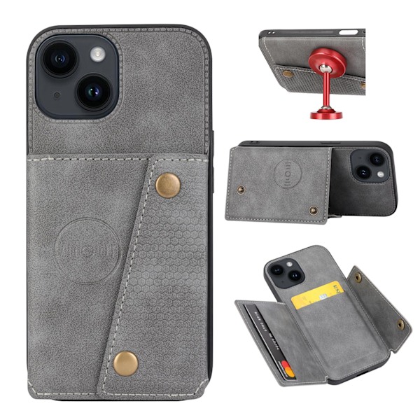 iPhone 15 - Lyxigt Retro Läder Plånboksfodral 4-Kortfack Svart