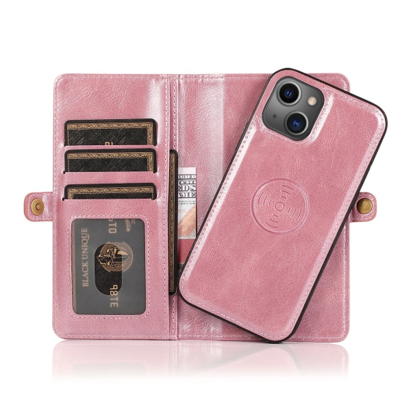 iPhone 15 -  Lyxigt Läder Plånboksfodral med Silikonskal och Kor Rosa guld
