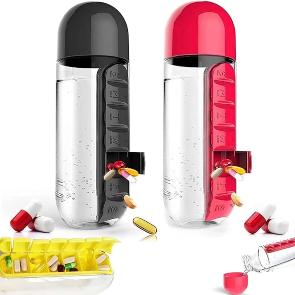 2-i-1 600ml Vattenflaska med 7-facks Medicinbox Rosa