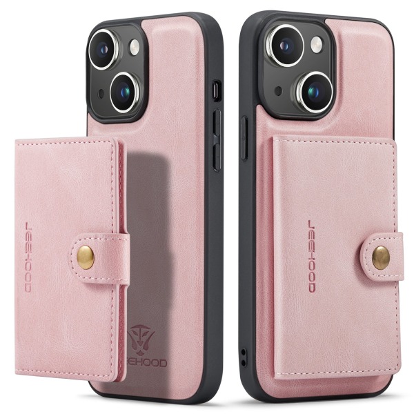 iPhone 15- Läderplånboksfodral med magnetiskt hållare Rosa guld