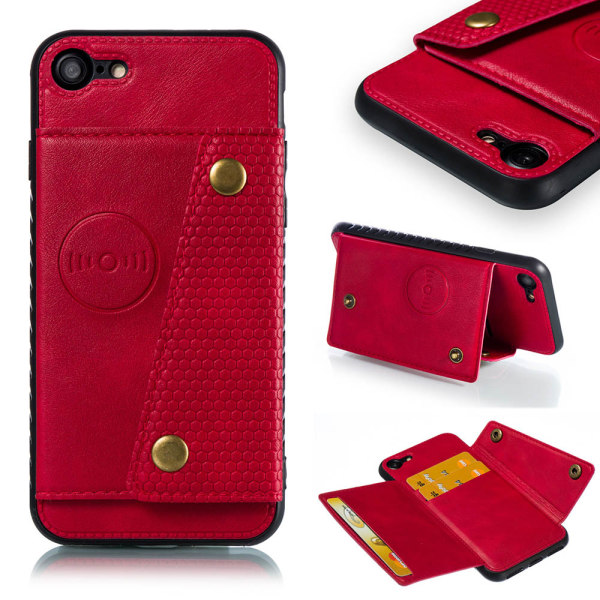 iPhone 7 - Smart Stilfuldt Retro Cover med kortrum Röd