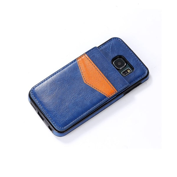 Samsung S6 Edge - LEMAN Läderskal med plånbok/Kortfack Blå