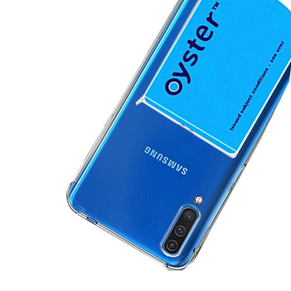 Samsung Galaxy A50 - Iskuja vaimentava silikonikuori korttilokerolla Transparent/Genomskinlig