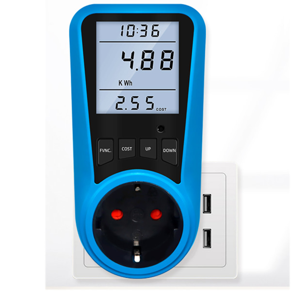 Effektiv Smooth Power Meter Strømforbruksmåler Elektrisitetsmåler Blå
