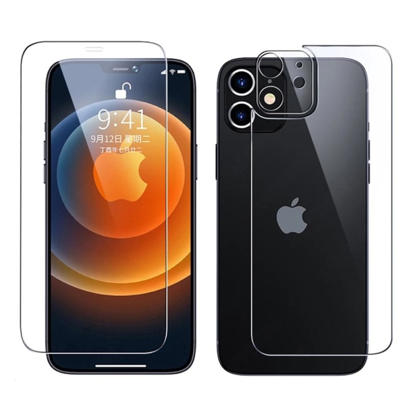 3-PACK 3-in-1 iPhone 12 Mini edessä ja takana + kameran linssin suojus Transparent/Genomskinlig