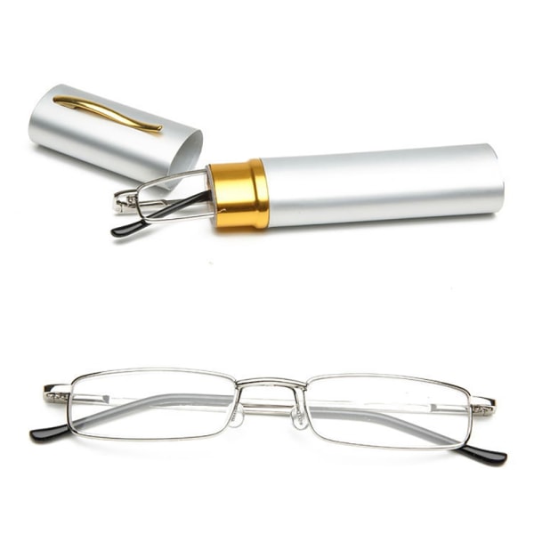 Lesebriller med styrke (+1,0 - +4,0) med bærbar metallboks Silver +1