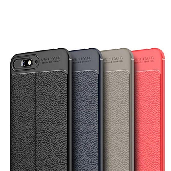 Huawei Y6 2018 - Glatt Litchi Leather Design Cover Mörkblå Mörkblå