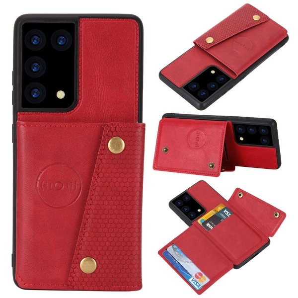 Samsung Galaxy S21 Ultra - Stilsäkert Skyddsskal med Korthållare Röd