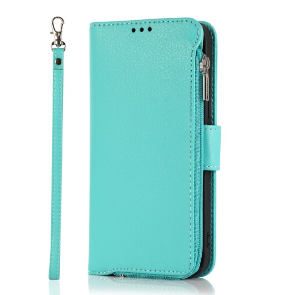 Elegant plånboksfodral i mikrofiberläder med dragkedja - iPhone 15 Pro Grön