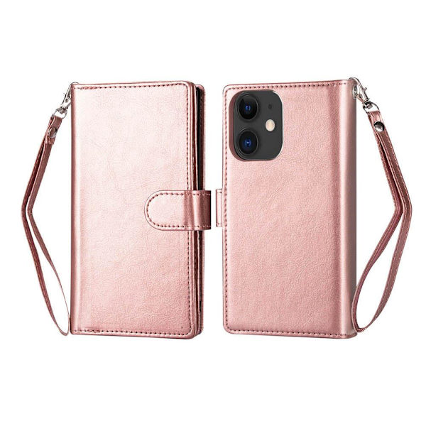 iPhone 12 Mini - Praktiskt Stilrent 9-Kort Plånboksfodral Rosaröd