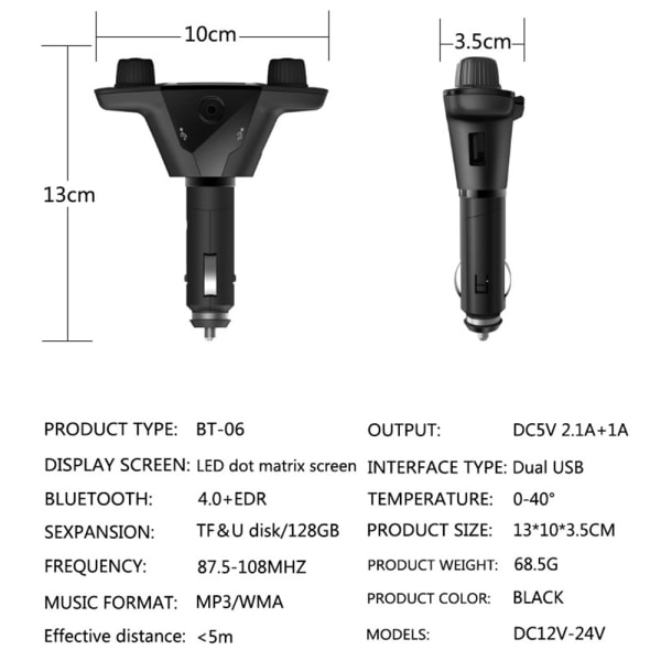 Bluetooth 5.0 FM Transmitter Modulator Stereo Svart Svart