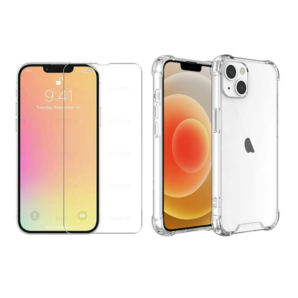 iPhone 14 Plus - 1 Set Stötdämpande Silikonskal med Skärmskydd Genomskinlig