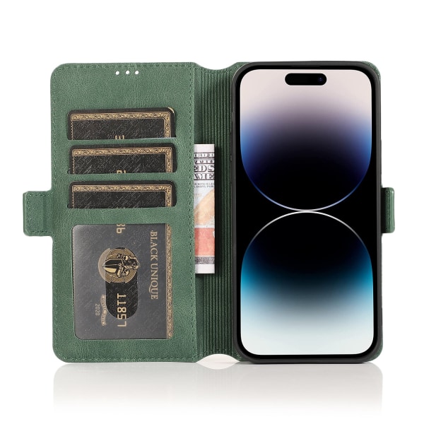 iPhone 15 Plus - Elegant Flip Wallet Skinnfodral Grön