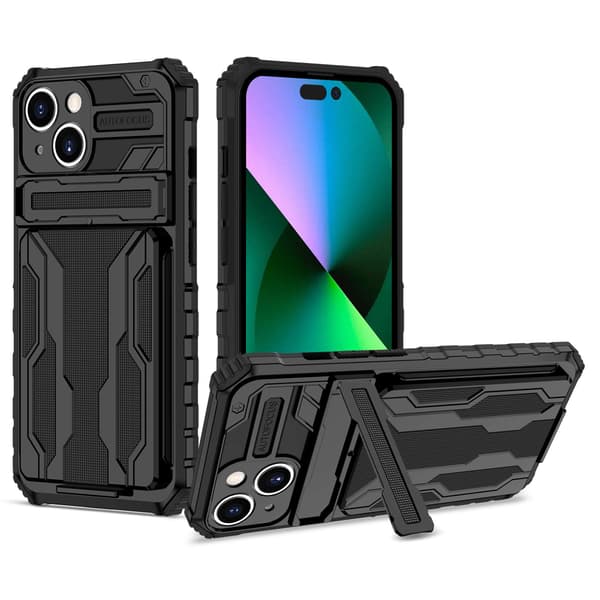 iPhone 14 Plus & 15 Plus - Allt-i-ett Hårdskal med Ställ och Kortfack Rosa