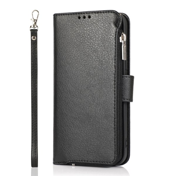 Elegant plånboksfodral i mikrofiberläder med dragkedja - iPhone 15 Pro Black