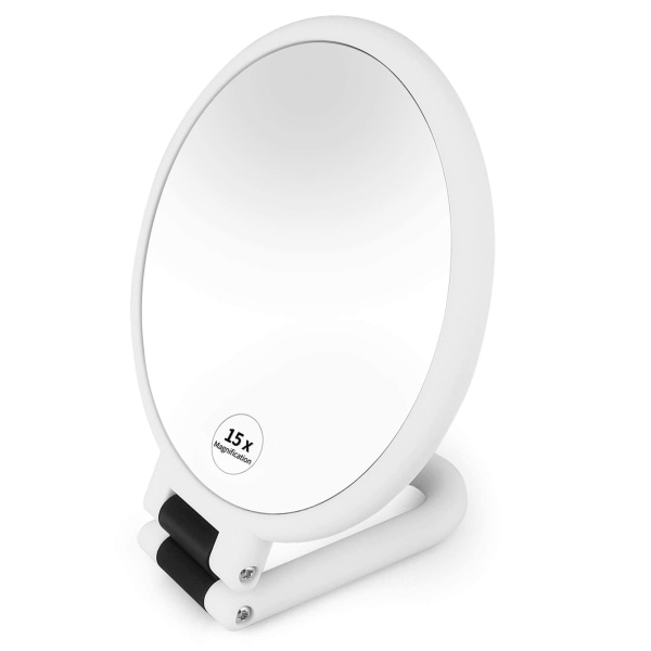 Double-sided vanity mirror, 1x 15x magnification hand mirror with 360° folding handle, hanging beauty vanity mirror, - White