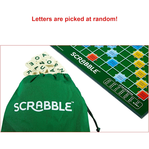 Klassisk Scrabble, originalt kryssordbrettspill, engelsk versjon, familiebrettspill for voksne og barn, ordspill, for 2 til 4 spillere, alder 10 og oppover