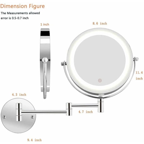 LED-belyst makeup-spejl - 10x forstørrende belyst vægmonteret badeværelsesspejl, tosidig fleksibel svanehals, 360° rotation med USB-kabel