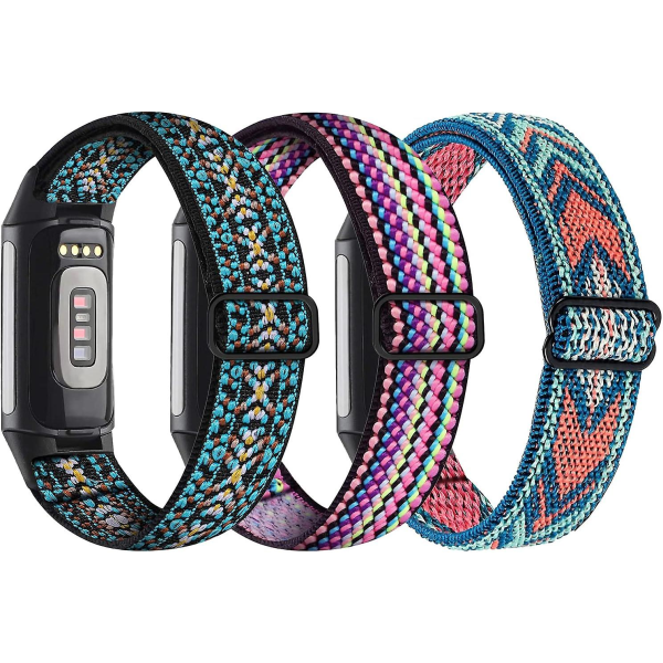 3-pack elastiska nylonband för Fitbit Charge 5 - Justerbara, andningsbara ersättningsband i tyg