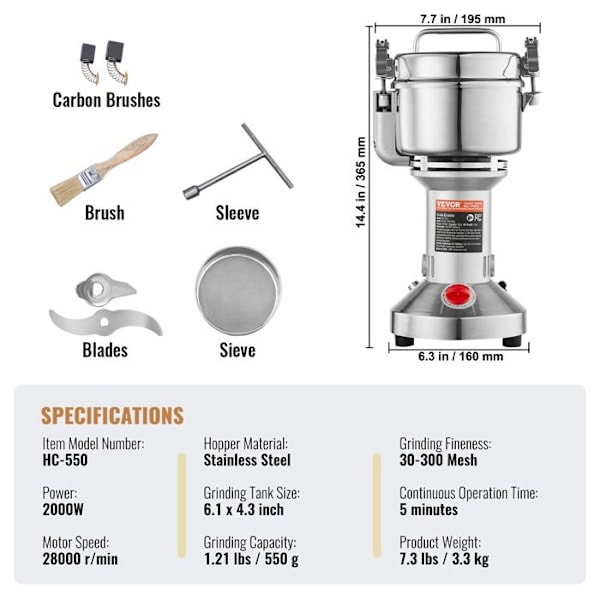 Kaffekvarn Kryddor Elektrisk 550g - VEVOR - 2000W - 3-lagersblad, Timer, Överbelastningsskydd - spannmål örter nötter Pengar