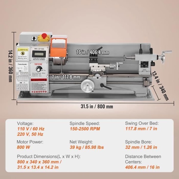 Mini Precision metallsvarv - VEVOR - 17,8x40,6 cm 150-2500 rpm Kontinuerligt variabel