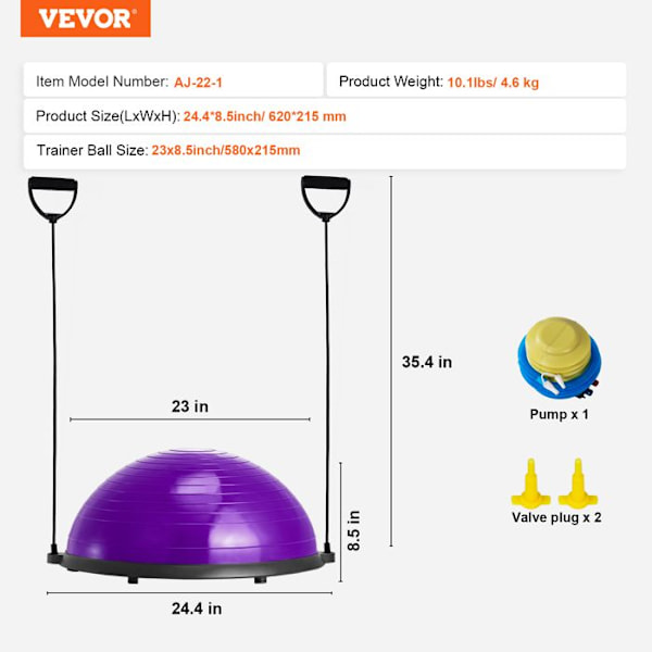 Halv träningsboll -VEVOR-62 cm, Balansbollbelastning 300 kg, Balansstation med motståndsband, Lila