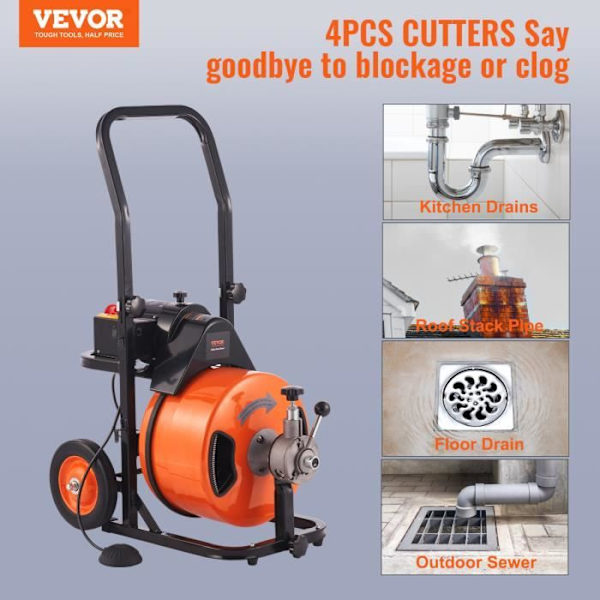 Electric Pipe Unblocker - VEVOR - Auto Power Pipe Cleaning Machine 30 m x 12,7 mm