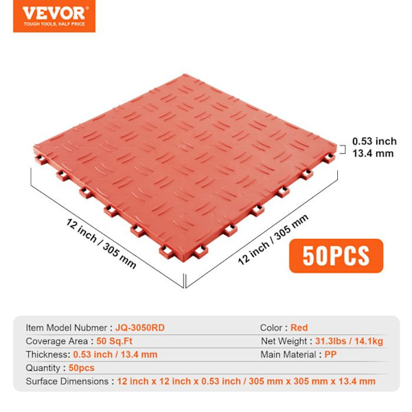 Interlocking Garage Plates-VEVOR-Pack of 50-PP-305 x 305 x 13,4 mm-Non-Slip-Garages-Källare-Reparation Workshops-Red