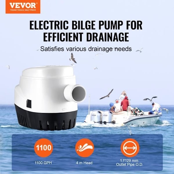 Länspump - VEVOR - 145 x 83 x 103 mm Elektrisk båt länssump vattenpump 1100GPH 12V, för simbassänger, källare