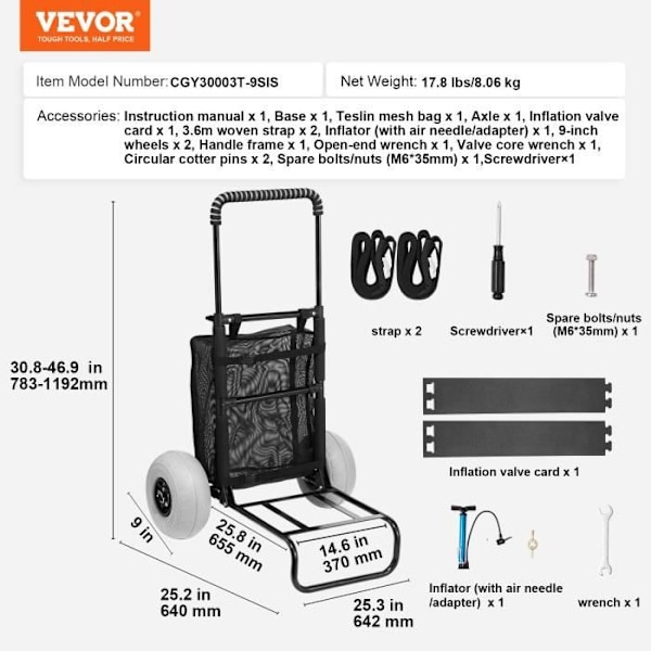 Strandvagn med stora hjul för sand-VEVOR-bagagehållare 510x370 mm-74,8 kg, höjd 690 till 1140 mm, för strand, camping